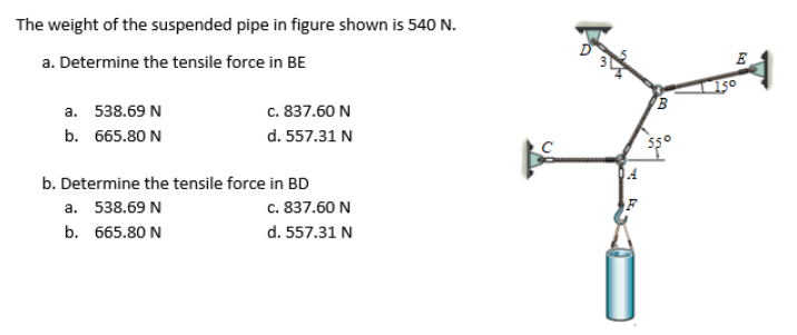 The weight of the suspended pipe in figure shown is 540 N.
a. Determine the tensile force in BE
50
a. 538.69 N
c. 837.60 N
b. 665.80 N
d. 557.31 N
b. Determine the tensile force in BD
a. 538.69 N
c. 837.60 N
b. 665.80 N
d. 557.31 N
