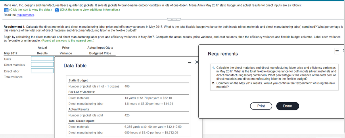 Maria Ann, Inc. designs and manufactures fleece quarter-zip jackets. It sells its jackets to brand-name outdoor outfitters in lots of one dozen. Maria Ann's May 2017 static budget and actual results for direct inputs are as follows:
E (Click the icon to view the data.) O (Click the icon to view additional information.)
Read the requirements.
Requirement 1. Calculate the direct materials and direct manufacturing labor price and efficiency variances in May 2017. What is the total flexible-budget variance for both inputs (direct materials and direct manufacturing labor) combined? What percentage is
this variance of the total cost of direct materials and direct manufacturing labor in the flexible budget?
Begin by calculating the direct materials and direct manufacturing labor price and efficiency variances in May 2017. Complete the actual results, price variance, and cost columns, then the efficiency variance and flexible budget columns. Label each variance
as favorable or unfavorable. (Round all answers to the nearest cent.)
Actual
Price
e
Actual Input Qty x
May 2017
Budgeted Price
Requirements
Results
Variance
Units
Direct materials
Data Table
1. Calculate the direct materials and direct manufacturing labor price and efficiency variances
in May 2017. What is the total flexible-budget variance for both inputs (direct materials and
direct manufacturing labor) combined? What percentage is this variance of the total cost of
direct materials and direct manufacturing labor in the flexible budget?
2. Comment on the May 2017 results. Would you continue the "experiment" of using the new
material?
Direct labor
Total variance
Static Budget
Number of jacket lots (1 lot = 1 dozen)
400
Per Lot of Jackets:
Direct materials
13 yards at $1.70 per yard = $22.10
Direct manufacturing labor
1.8 hours at $8.30 per hour = $14.94
Print
Done
Actual Results
Number of jacket lots sold
425
Total Direct Inputs:
Direct materials
6,375 yards at $1.90 per yard = $12,112.50
Direct manufacturing labor
680 hours at $8.40 per hour = $5,712.00
