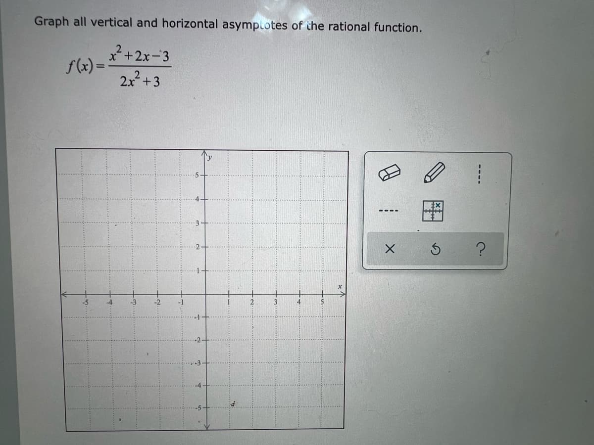 Graph all vertical and horizontal asymptotes of the rational function.
x²+2x-3
f(x)==
2x² +3
X
-3
-2
-1
3
S
?