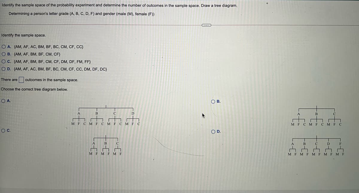 Identify the sample space of the probability experiment and determine the number of outcomes in the sample space. Draw a tree diagram.
Determining a person's letter grade (A, B, C, D, F) and gender (male (M), female (F))
Identify the sample space.
OA. (AM, AF, AC, BM, BF, BC, CM, CF, CC}
O B. (AM, AF, BM, BF, CM, CF)
OC. (AM, AF, BM, BF, CM, CF, DM, DF, FM, FF}
OD. (AM, AF, AC, BM, BF, BC, CM, CF, CC, DM, DF, DC}
There are outcomes in the sample space.
Choose the correct tree diagram below.
OA.
OB.
A
B
D
B
C
M FC
M F
C
M P
M F C
M F
M FCM FC
Oc.
OD.
A
A
B
D
F
M FM FMF
MFMF MFMFM F
