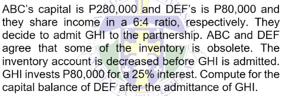 ABC's capital is P280,000 and DEF's is P80,000 and
they share income in a 6:4 ratio, respectively. They
decide to admit GHI to the partnership. ABC and DEF
agree that some of the inventory is obsolete. The
inventory account is decreased before GHI is admitted.
GHI invests P80,000 for a 25% interest. Compute for the
capital balance of DEF after the admittance of GHI.