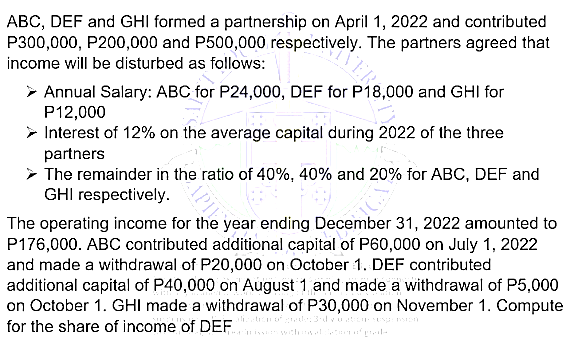 ABC, DEF and GHI formed a partnership on April 1, 2022 and contributed
P300,000, P200,000 and P500,000 respectively. The partners agreed that
income will be disturbed as follows:
> Annual Salary: ABC for P24,000, DEF for P18,000 and GHI for
P12,000
> Interest of 12% on the average capital during 2022 of the three
partners
➤ The remainder in the ratio of 40%, 40% and 20% for ABC, DEF and
GHI respectively.
The operating income for the year ending December 31, 2022 amounted to
P176,000. ABC contributed additional capital of P60,000 on July 1, 2022
and made a withdrawal of P20,000 on October 1. DEF contributed
additional capital of P40,000 on August 1 and made a withdrawal of P5,000
on October 1. GHI made a withdrawal of P30,000 on November 1. Compute
for the share of income of DEF
very ER180
