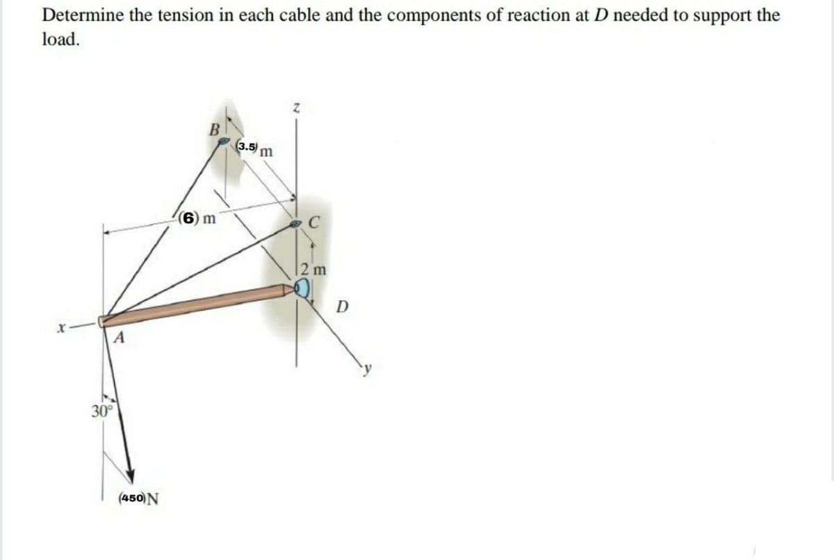 Determine the tension in each cable and the components of reaction at D needed to support the
load.
(3.5) m
(6) m
12m
A
30°
(450) N
