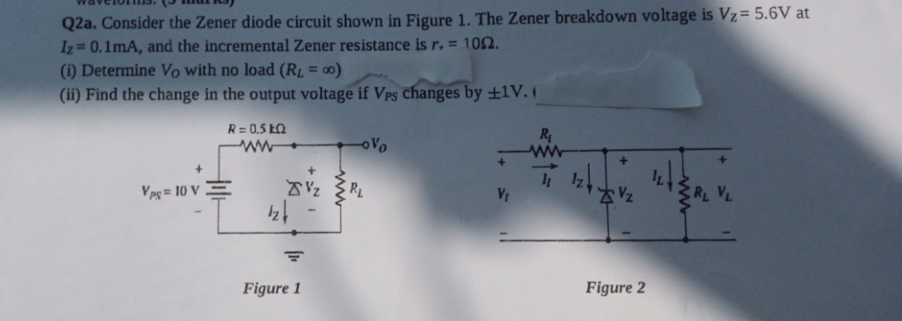 Q2a. Consider the Zener diode circuit shown in Figure 1. The Zener breakdown voltage is Vz= 5.6V at
Iz= 0.1mA, and the incremental Zener resistance is r, = 102.
(i) Determine Vo with no load (Rµ = ∞0)
(ii) Find the change in the output voltage if Vps changes by +1V. 1
R= 0.5 ŁQ
ww
Ves = 10 V .
RL
Vz
Figure 1
Figure 2
