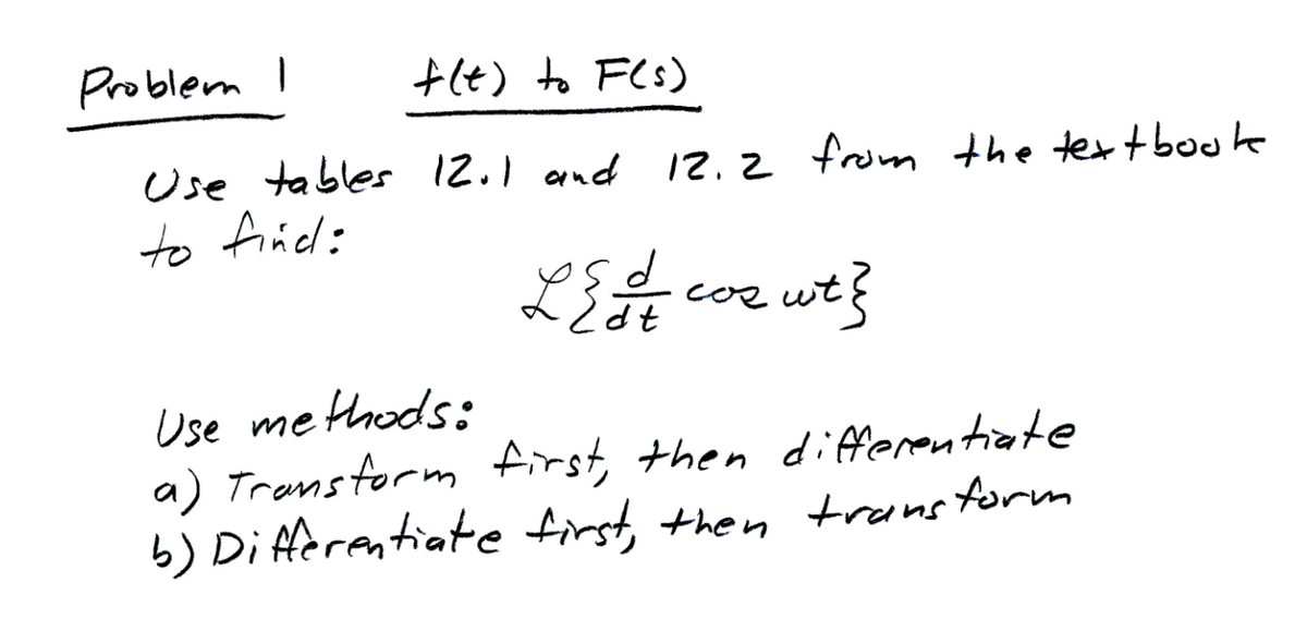 Problem I
f(t) to F(s)
Use tables 12.1 and 12.2 from the textbook
to find:
L { & cor wt}
2dt
Use methods:
a) Transform first, then differentiate
b) Differentiate first, then transform
