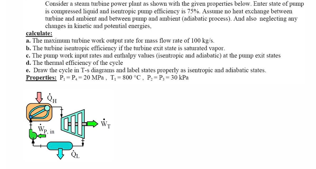 Consider a steam turbine power plant as shown with the given properties below. Enter state of pump
is compressed liquid and isentropic pump efficiency is 75%. Assume no heat exchange between
turbine and ambient and between pump and ambient (adiabatic process). And also neglecting any
changes in kinetic and potential energies,
calculate:
a. The maximum turbine work output rate for mass flow rate of 100 kg/s.
b. The turbine isentropic efficiency if the turbine exit state is saturated vapor.
c. The pump work input rates and enthalpy values (isentropic and adiabatic) at the pump exit states
d. The thermal efficiency of the cycle
e. Draw the cycle in T-s diagrams and label states properly as isentropic and adiabatic states.
Properties: P₁= P₁= 20 MPa, T₁= 800 °C, P₂= P3 = 30 kPa
QH
P, in
T