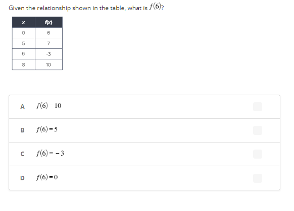 Given the relationship shown in the table, what is f(6)?
F(x)
6
7
-3
X
0
5
6
8
A
B
с
D
10
f(6) = 10
f(6)=5
ƒ(6)= -3
f(6)=0