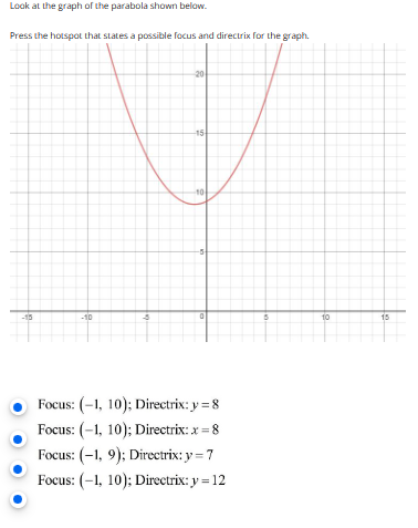 Look at the graph of the parabola shown below.
Press the hotspot that states a possible focus and directrix for the graph.
-15
-10
20
-15
10
D
Focus: (-1, 10); Directrix: y = 8
Focus: (-1, 10); Directrix: x=8
Focus: (-1, 9); Directrix: y = 7
Focus: (-1, 10); Directrix: y = 12
5
10
15