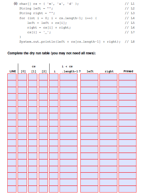 (ii) char[] cs -
LINE
String left = "";
String right = "";
for (int i = 0; i < cs.length-1; i++) {
left
left + cs[i];
right cs[i] + right;
cs[i] = '';
-
}
'a', 'd' );
Complete the dry run table (you may not need all rows):
System.out.println (left + cs [cs.length-1] + right); // 18
CS
[0] [1] [2]
i
i < cs
.length-1? left
// 11
// 12
// 13
// 14
// 15
// L6
// 17
right
Printed