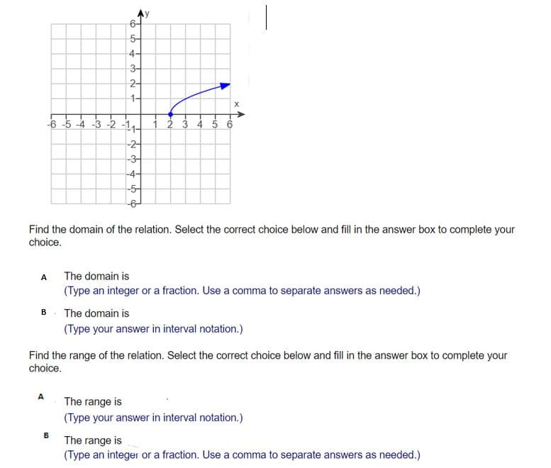 5-
4-
3-
2-
1-
6 -5 -4 -3 -2 -11-
1 2 3 4 5 6
-2
-3
-4-
-5-
Find the domain of the relation. Select the correct choice below and fill in the answer box to complete your
choice.
A
The domain is
(Type an integer or a fraction. Use a comma to separate answers as needed.)
B
The domain is
(Type your answer in interval notation.)
Find the range of the relation. Select the correct choice below and fill in the answer box to complete your
choice.
A
The range is
(Type your answer in interval notation.)
B.
The range is
(Type an integer or a fraction. Use a comma to separate answers as needed.)
