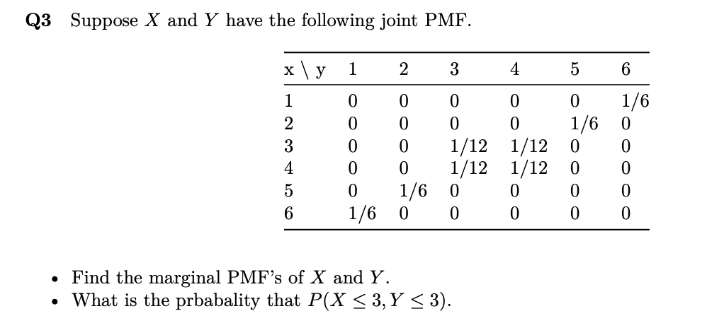 Q3 Suppose X and Y have the following joint PMF.
x \ y 1
2
3
4
6.
1/6
1/6 0
1
1/12 1/12 0
1/12 1/12 0
1/6 0
3
4
5
1/6 0
• Find the marginal PMF's of X and Y.
• What is the prbabality that P(X < 3, Y < 3).
