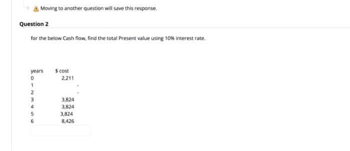 Moving to another question will save this response.
Question 2
for the below Cash flow, find the total Present value using 10% interest rate.
S cost
2.211
years
3
3,824
3,824
5
3,824
8,426
