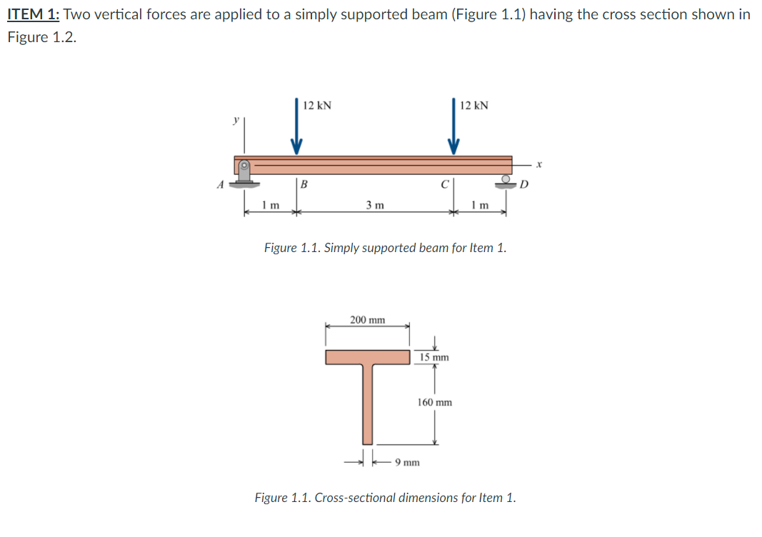 ITEM 1: Two vertical forces are applied to a simply supported beam (Figure 1.1) having the cross section shown in
Figure 1.2.
12 kN
12 kN
B
D
1 m
3 m
1m
Figure 1.1. Simply supported beam for Item 1.
200 mm
15 mm
160 mm
9 mm
Figure 1.1. Cross-sectional dimensions for Item 1.
