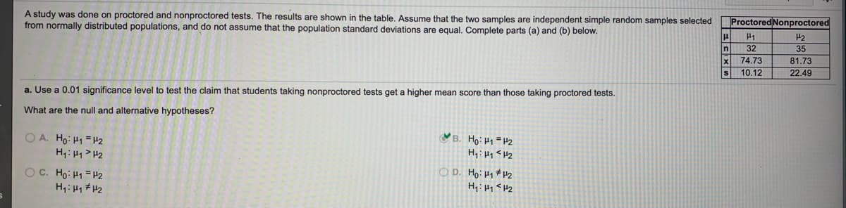 A study was done on proctored and nonproctored tests. The results are shown in the table, Assume that the two samples are independent simple random samples selected
from normally distributed populations, and do not assume that the population standard deviations are equal. Complete parts (a) and (b) below.
Proctored Nonproctored
H2
32
35
74.73
81.73
10.12
22.49
a. Use a 0.01 significance level to test the claim that students taking nonproctored tests get a higher mean score than those taking proctored tests.
What are the null and alternative hypotheses?
OA. Ho: H1 = 2
H: H1> H2
VB. Ho: P1=#2
O D. Ho:Hy #H2
OC. Ho: H1 = H2
H: H1 # H2
