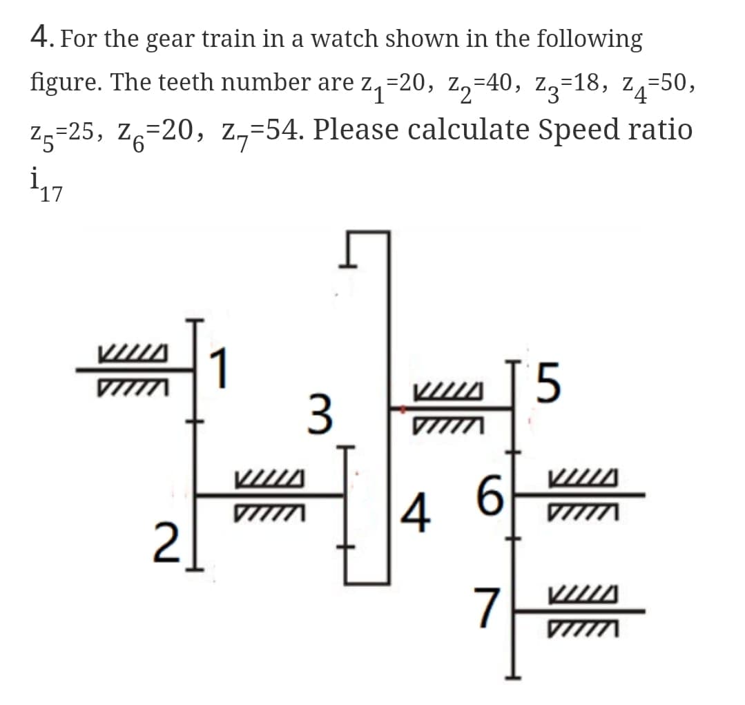 4. For the gear train in a watch shown in the following
figure. The teeth number are z,=20,
z,=40, Z3=18, z4-50,
Z5=25, Z6-20, z,=54. Please calculate Speed ratio
17
1
VIIA
3
5
4
6
2
7
