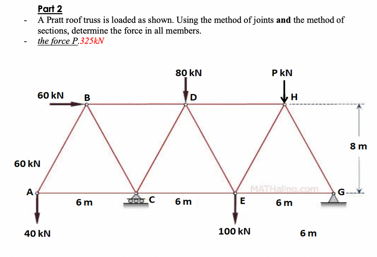 Part 2
A Pratt roof truss is loaded as shown. Using the method of joints and the method of
sections, determine the force in all members.
the force P.325KN
80 kN
P kN
60 kN
D
H
8 m
60 kN
A
G---Y.
MATHaling.com
6 m
6 m
E
6 m
40 kN
100 kN
6 m
