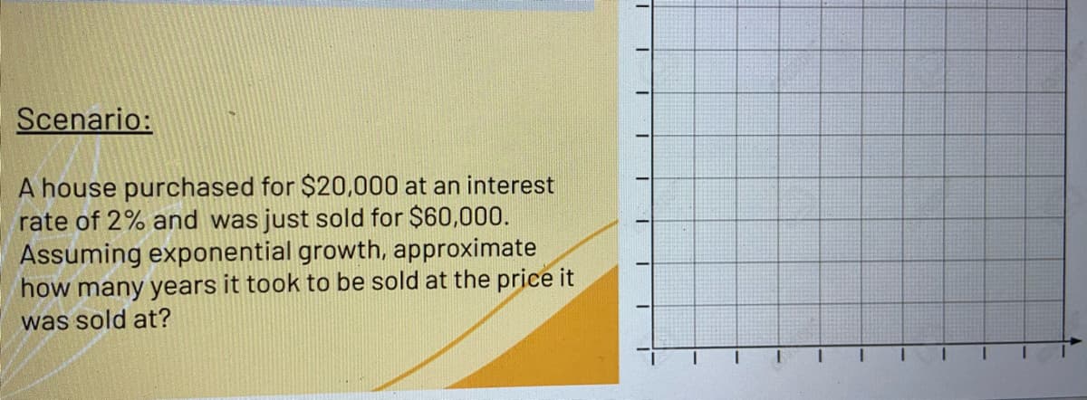 Scenario:
A house purchased for $20,000 at an interest
rate of 2% and was just sold for $60,000.
Assuming exponential growth, approximate
how many years it took to be sold at the price it
was sold at?
