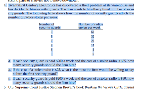 ther
4. Twentyfirst Century Electronics has discovered a theft problem at its warehouse and
has decided to hire security guards. The firm wants to hire the optimal number of secu-
rity guards. The following table shows how the number of security guards affects the
number of radios stolen per week.
Number of
security guards
1
2
Number of radios
stolen per week
50
30
20
14
6
a. If each security guard is paid $200 a week and the cost of a stolen radio is $25, how
many security guards should the firm hire?
b. If the cost of a stolen radio is $25, what is the most the firm would be willing to pay
to hire the first security guard?
c. If each security guard is paid $200 a week and the cost of a stolen radio is $50, how
many security guards should the firm hire?
5. U.S. Supreme Court Justice Stephen Breyer's book Breaking the Vicious Circle: Toward