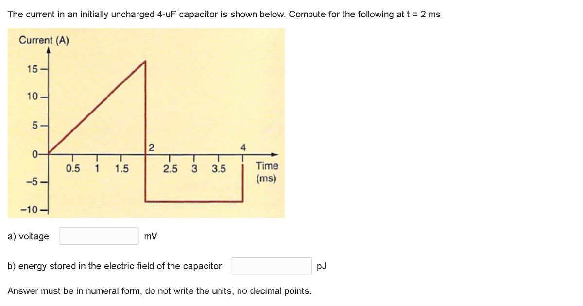 The current in an initially uncharged 4-uF capacitor is shown below. Compute for the following at t = 2 ms
Current (A)
15-
10-
5-
0-
-5-
-10-
a) voltage
0.5
1 1.5
2
mV
Fo
T
2.5 3 3.5
4
Time
(ms)
b) energy stored in the electric field of the capacitor
Answer must be in numeral form, do not write the units, no decimal points.
pJ