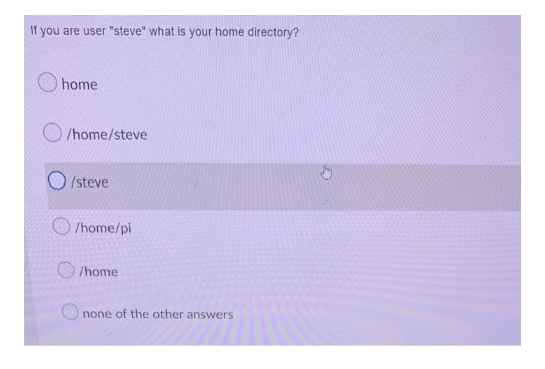 If you are user "steve" what is your home directory?
home
/home/steve
O/steve
/home/pi
/home
none of the other answers