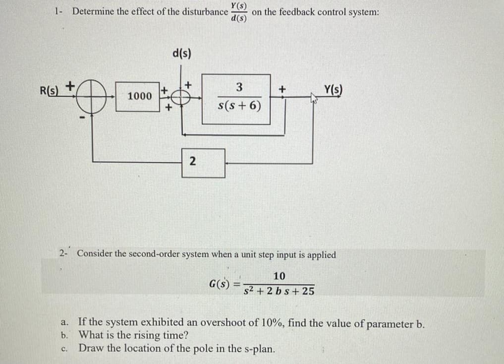 Y(s)
1- Determine the effect of the disturbance on the feedback control system:
d(s)
+
R(s)
1000
d(s)
2
3
s(s+ 6)
+
G(S) =
Y(s)
2- Consider the second-order system when a unit step input is applied
10
s² + 2 bs + 25
a.
If the system exhibited an overshoot of 10%, find the value of parameter b.
b. What is the rising time?
C.
Draw the location of the pole in the s-plan.