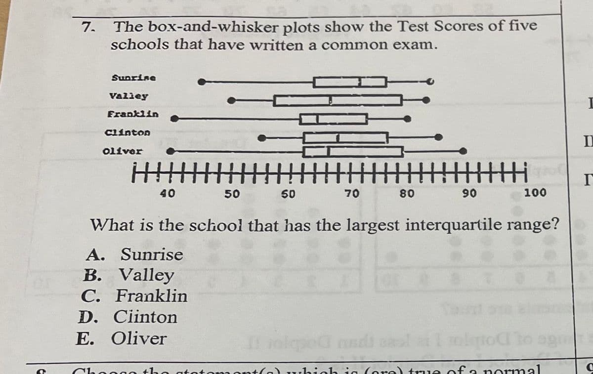 The box-and-whisker plots show the Test Scores of five
schools that have written a common exam.
7.
Sunrine
Valley
Franklin
Clinton
Oliver
州
Hi
40
50
50
70 80 90
100
What is the school that has the largest interquartile range?
A. Sunrise
B. Valley
C. Franklin
D. Ciinton
Е. Oliver
ormal
