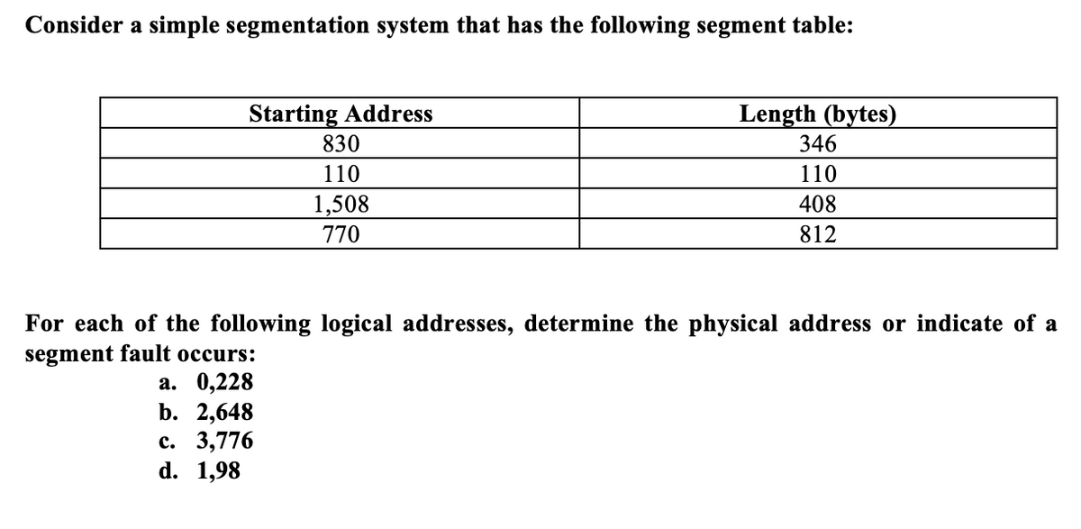 Consider a simple segmentation system that has the following segment table:
Starting Address
Length (bytes)
830
346
110
110
1,508
408
770
812
For each of the following logical addresses, determine the physical address or indicate of a
segment fault occurs:
а. 0,228
b. 2,648
с. 3,776
d. 1,98
