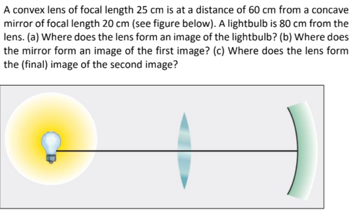 A convex lens of focal length 25 cm is at a distance of 60 cm from a concave
mirror of focal length 20 cm (see figure below). A lightbulb is 80 cm from the
lens. (a) Where does the lens form an image of the lightbulb? (b) Where does
the mirror form an image of the first image? (c) Where does the lens form
the (final) image of the second image?
