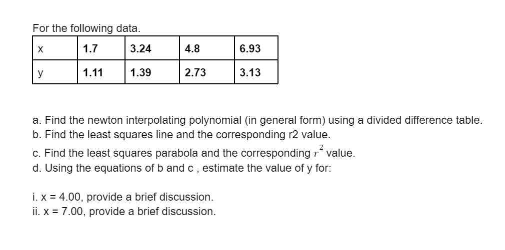 For the following data.
1.7
3.24
4.8
6.93
y
1.11
1.39
2.73
3.13
a. Find the newton interpolating polynomial (in general form) using a divided difference table.
b. Find the least squares line and the corresponding r2 value.
c. Find the least squares parabola and the corresponding r value.
d. Using the equations of b and c , estimate the value of y for:
i. x = 4.00, provide a brief discussion.
ii. x = 7.00, provide a brief discussion.

