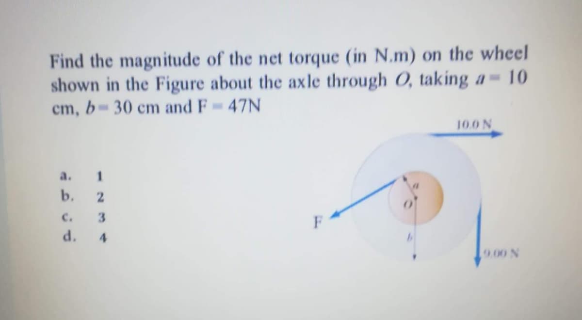 Find the magnitude of the net torque (in N.m) on the wheel
shown in the Figure about the axle through O, taking a = 10
cm, b= 30 cm and F 47N
10.0 N
a.
1
b.
C.
3
F
d.
4.
9.00 N
