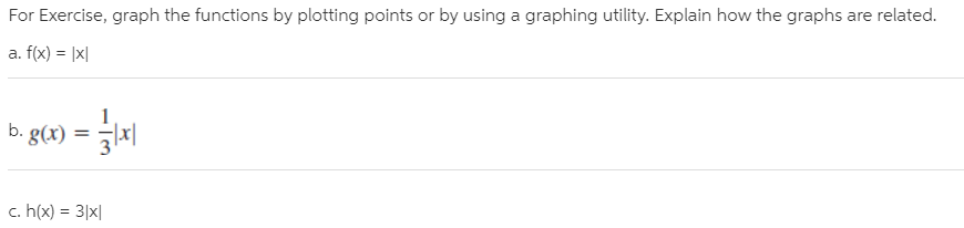 For Exercise, graph the functions by plotting points or by using a graphing utility. Explain how the graphs are related.
a. f(x) = |x|
b. g(x)
c. h(x) = 3|x|
