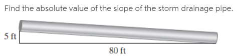 Find the absolute value of the slope of the storm drainage pipe.
5 ft
80 ft
