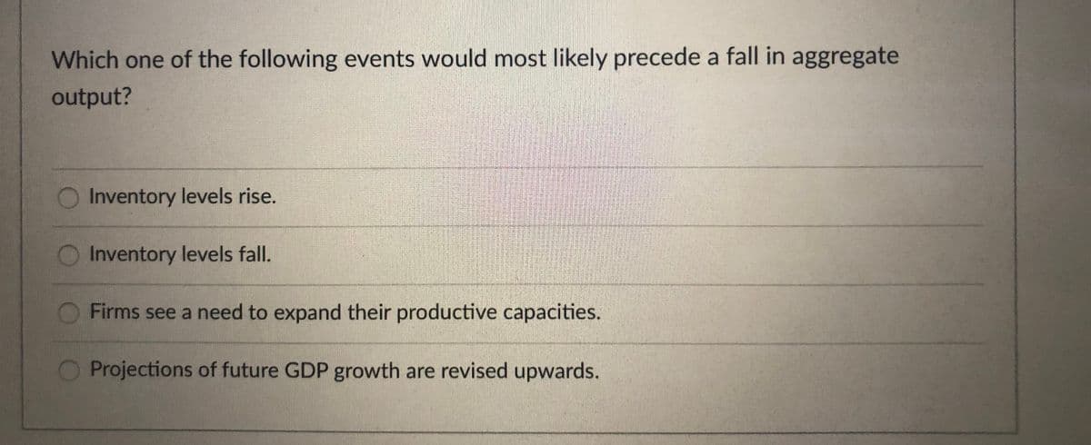 Which one of the following events would most likely precede a fall in aggregate
output?
Inventory levels rise.
Inventory levels fall.
Firms see a need to expand their productive capacities.
O Projections of future GDP growth are revised upwards.
