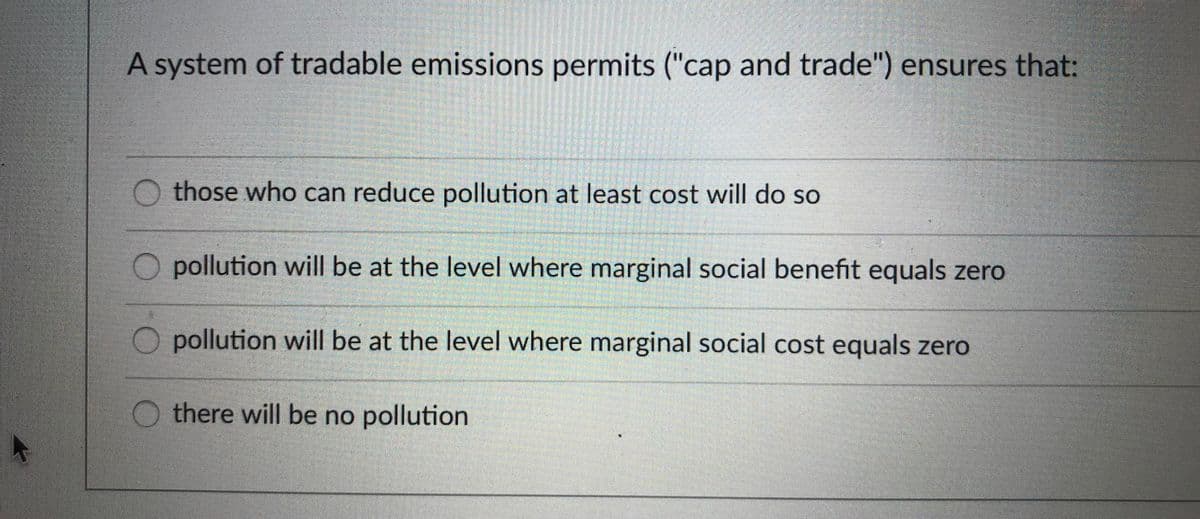 A system of tradable emissions permits ("cap and trade") ensures that:
those who can reduce pollution at least cost will do so
pollution will be at the level where marginal social benefit equals zero
pollution will be at the level where marginal social cost equals zero
there will be no pollution
