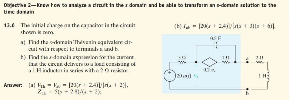 Objective 2-Know how to analyze a circuit in the s domain and be able to transform an s-domain solution to the
time domain
13.6 The initial charge on the capacitor in the circuit
(b) Iab = [20(s + 2.4)]/[s(s + 3)(s + 6)].
shown is zero.
0.5 F
a) Find the s-domain Thévenin equivalent cir-
cuit with respect to terminals a and b.
b) Find the s-domain expression for the current
that the circuit delivers to a load consisting of
a1 H inductor in series with a 2 2 resistor.
5Ω
10
2Ω
a
0.2 vx
20 u(t) x
1 H
(a) Vrh = Vab = [20(s + 2.4)]/[s(s + 2)],
ZTh = 5(s + 2.8)/(s + 2);
Answer:
b
