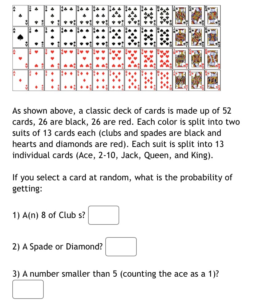 A
A
A
i
A
V
♥
3
♥
♥
●
♦
•
♦
♦
♦
As shown above, a classic deck of cards is made up of 52
cards, 26 are black, 26 are red. Each color is split into two
suits of 13 cards each (clubs and spades are black and
hearts and diamonds are red). Each suit is split into 13
individual cards (Ace, 2-10, Jack, Queen, and King).
If you select a card at random, what is the probability of
getting:
1) A(n) 8 of Club s?
2) A Spade or Diamond?
3) A number smaller than 5 (counting the ace as a 1)?
V
*
4+ 5+ + +
to a
♥♥
♦