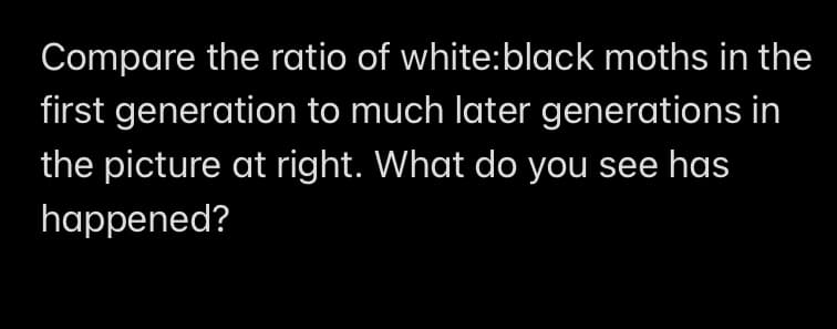 Compare the ratio of white:black moths in the
first generation to much later generations in
the picture at right. What do you see has
happened?