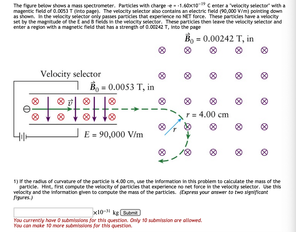 -19
The figure below shows a mass spectrometer. Particles with charge -e = -1.60X1019 C enter a "velocity selector" with a
magentic field of 0.0053 T (into page). The velocity selector also contains an electric field (90,000 V/m) pointing down
as shown. In the velocity selector only passes particles that experience no NET force. These particles have a velocity
set by the magnitude of the E and B fields in the velocity selector. These particles then leave the velocity selector and
enter a region with a magnetic field that has a strength of 0.00242 T, into the page
B = 0.00242 T,
in
Velocity selector
= 0.0053 T, in
= 4.00 cm
E = 90,000 V/m
1) If the radius of curvature of the particle is 4.00 cm, use the information in this problem to calculate the mass of the
particle. Hint, first compute the velocity of particles that experience no net force in the velocity selector. Use this
velocity and the information given to compute the mass of the particles. (Express your answer to two significant
figures.)
x10-31
kg( Submit
You currently have 0 submissions for this question. Only 10 submission are allowed.
You can make 10 more submissions for this question.
