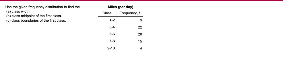 Miles (per day)
Use the given frequency distribution to find the
(a) class width.
(b) class midpoint of the first class.
(c) class boundaries of the first class.
Class
Frequency, f
1-2
3-4
22
5-6
28
7-8
15
9-10
4
