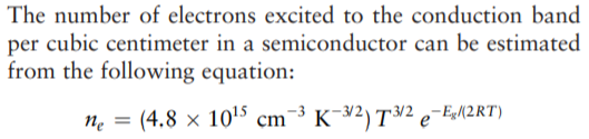 The number of electrons excited to the conduction band
per cubic centimeter in a semiconductor can be estimated
from the following equation:
ne = (4.8 × 10'5 cm¯³ K¯¥2) T/2 e¯E{2RT)
K¯32) T³² e¯E«M2RT)
п
