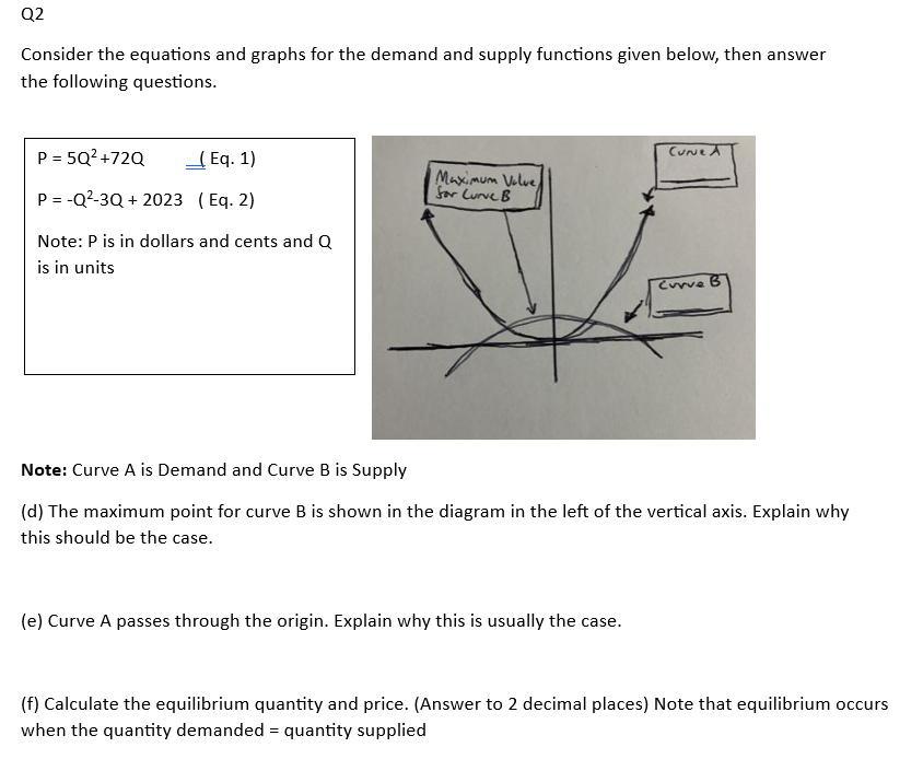 Q2
Consider the equations and graphs for the demand and supply functions given below, then answer
the following questions.
P = 5Q²+72Q
Eq. 1)
P = -Q²-3Q+ 2023 (Eq. 2)
Note: P is in dollars and cents and Q
is in units
Maximum Value
for Curve B
Curve A
(e) Curve A passes through the origin. Explain why this is usually the case.
Curve
Note: Curve A is Demand and Curve B is Supply
(d) The maximum point for curve B is shown in the diagram in the left of the vertical axis. Explain why
this should be the case.
(f) Calculate the equilibrium quantity and price. (Answer to 2 decimal places) Note that equilibrium occurs
when the quantity demanded = quantity supplied