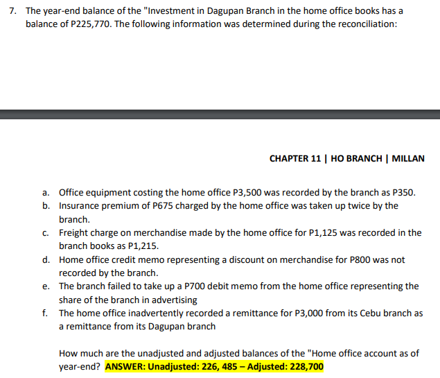 7. The year-end balance of the "Investment in Dagupan Branch in the home office books has a
balance of P225,770. The following information was determined during the reconciliation:
CHAPTER 11 | HO BRANCH | MILLAN
a. Office equipment costing the home office P3,500 was recorded by the branch as P350.
b. Insurance premium of P675 charged by the home office was taken up twice by the
branch.
c. Freight charge on merchandise made by the home office for P1,125 was recorded in the
branch books as P1,215.
d. Home office credit memo representing a discount on merchandise for P800 was not
recorded by the branch.
e. The branch failed to take up a P700 debit memo from the home office representing the
share of the branch in advertising
f. The home office inadvertently recorded a remittance for P3,000 from its Cebu branch as
a remittance from its Dagupan branch
How much are the unadjusted and adjusted balances of the "Home office account as of
year-end? ANSWER: Unadjusted: 226, 485 – Adjusted: 228,700
