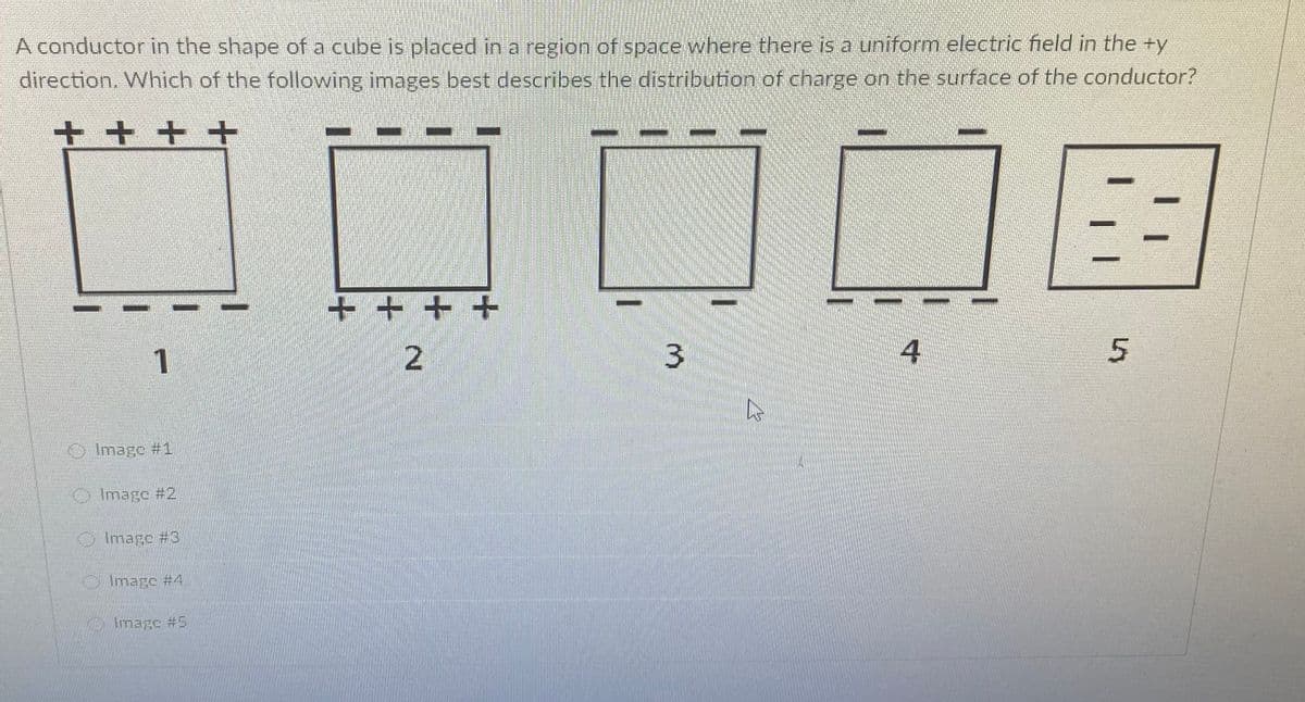A conductor in the shape of a cube is placed in a region of space where there is a uniform electric field in the +y
direction. Which of the following images best describes the distribution of charge on the surface of the conductor?
+ + + +
+ + + +
1
4
OImage #1
OImage #2
OImage #3
OImagc #4
OImage #5
3.

