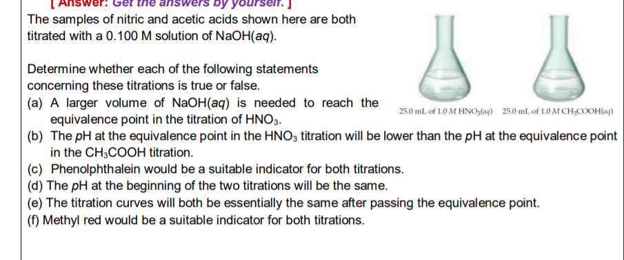 Answer: Get the answers by
The samples of nitric and acetic acids shown here are both
titrated with a 0.100 M solution of NAOH(aq).
Determine whether each of the following statements
concerning these titrations is true or false.
(a) A larger volume of NaOH(aq) is needed to reach the
equivalence point in the titration of HNO3.
(b) The pH at the equivalence point in the HNO3 titration will be lower than the pH at the equivalence point
in the CH3COOH titration.
(c) Phenolphthalein would be a suitable indicator for both titrations.
(d) The pH at the beginning of the two titrations will be the same.
(e) The titration curves will both be essentially the same after passing the equivalence point.
(f) Methyl red would be a suitable indicator for both titrations.
25.0 mL of 1.0 M HNOz(ng) 25.0 mL of 1.0 M CH;COOH(aq)
