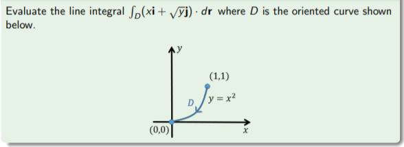 Evaluate the line integral ſp(xi + vyi) · dr where D is the oriented curve shown
below.
(1,1)
y = x²
(0,0)
