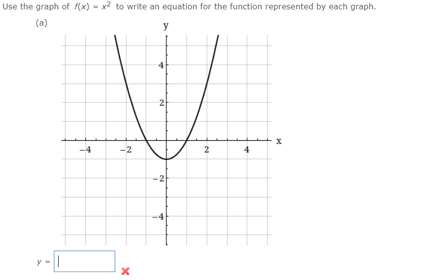 Use the graph of f(x) = x2 to write an equation for the function represented by each graph.
(a)
y
4
-4
-2
2
4
-2
-4
- 1
y =
2.
