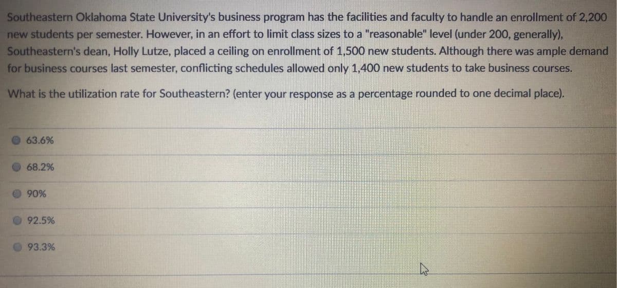 Southeastern Oklahoma State University's business program has the facilities and faculty to handle an enrollment of 2,200
new students per semester. However, in an effort to limit class sizes to a "reasonable" level (under 200, generally),
Southeastern's dean, Holly Lutze, placed a ceiling on enrollment of 1,500 new students. Although there was ample demand
for business courses last semester, conflicting schedules allowed only 1,400 new students to take business courses.
What is the utilization rate for Southeastern? (enter your response as a percentage rounded to one decimal place).
63.6%
68.2%
90%
92.5%
93.3%
