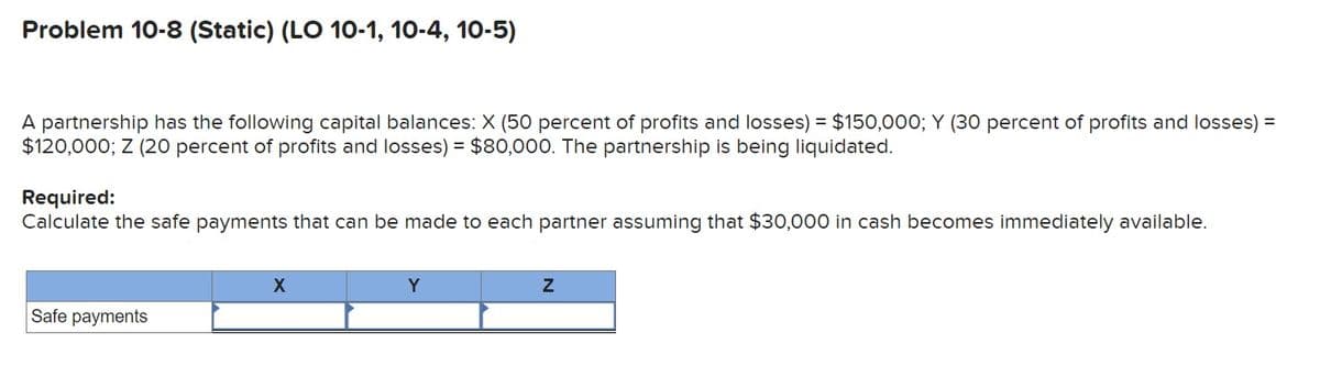Problem 10-8 (Static) (LO 10-1, 10-4, 10-5)
A partnership has the following capital balances: X (50 percent of profits and losses) = $150,000; Y (30 percent of profits and losses) =
$120,000; Z (20 percent of profits and losses) = $80,000. The partnership is being liquidated.
Required:
Calculate the safe payments that can be made to each partner assuming that $30,000 in cash becomes immediately available.
Safe payments
X
Y
Z