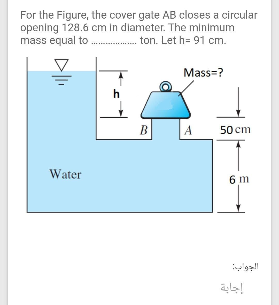 For the Figure, the cover gate AB closes a circular
opening 128.6 cm in diameter. The minimum
mass equal to . . ton. Let h= 91 cm.
..... ...
Mass=?
A
50 cm
Water
6 m
الجواب
إجابة
