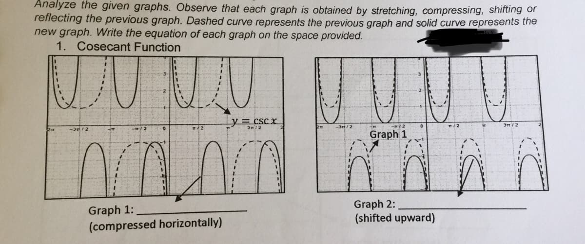 Analyze the given graphs. Observe that each graph is obtained by stretching, compressing, shifting or
reflecting the previous graph. Dashed curve represents the previous graph and solid curve represents the
new graph. Write the equation of each graph on the space provided.
1. Cosecant Function
y= cSC x
In1 2
-3rt/2
-3/2
Graph 1
Graph 1:
(compressed horizontally)
Graph 2:
(shifted upward)
